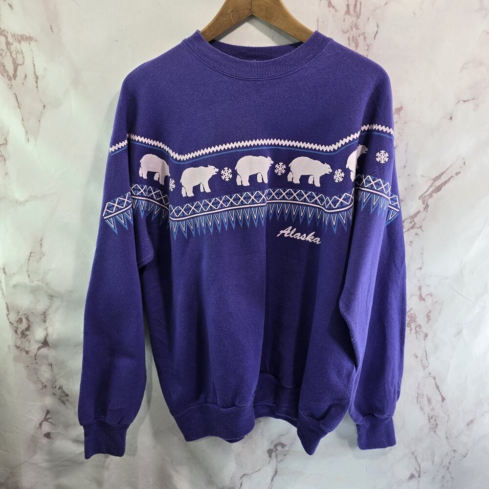 Vintage Sweatshirt Mens Large Purple Crew Neck Alaska Polar Bear Snow Y2K